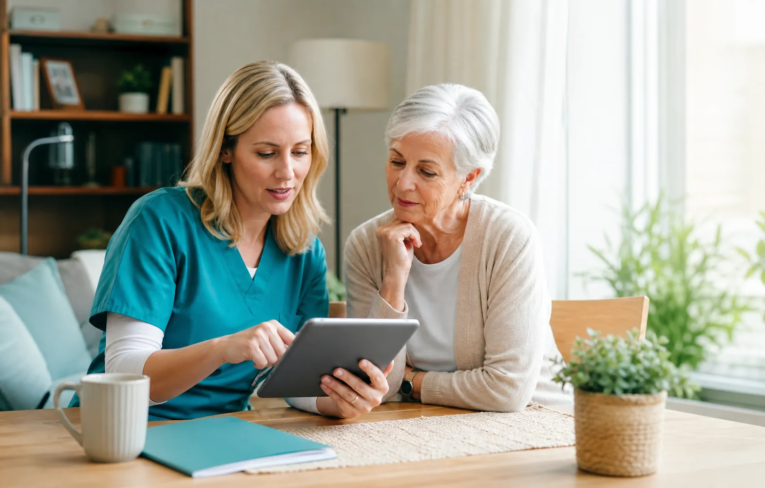 Pflegefachperson begleitet eine informell pflegende Person mit digitalen Pflegeinformationen