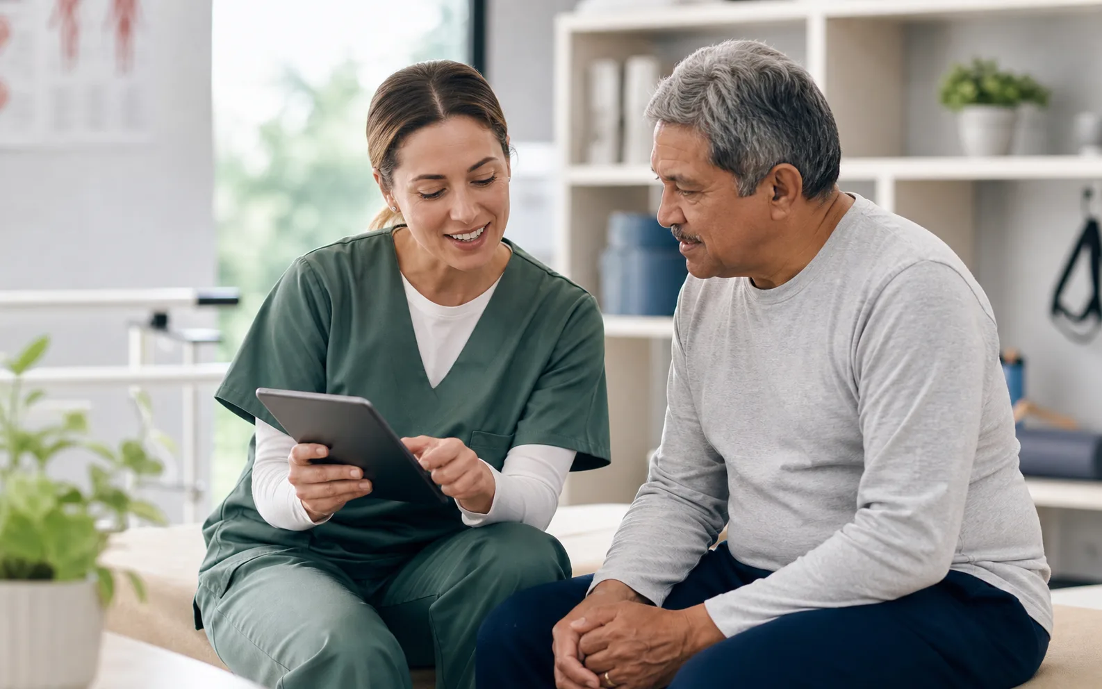 Pflegefachperson erklärt einer Patientin oder einem Patienten Lerninhalte auf einem Tablet