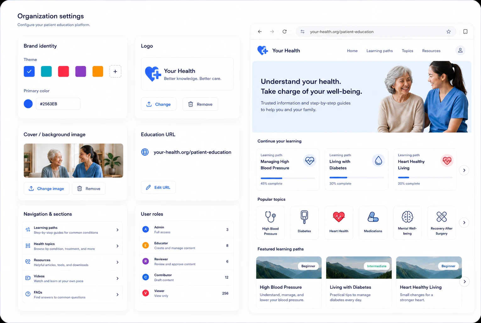 Einrichtung einer Plattform fuer Patientenedukation mit Branding, Zugriff und oeffentlichen Lernseiten