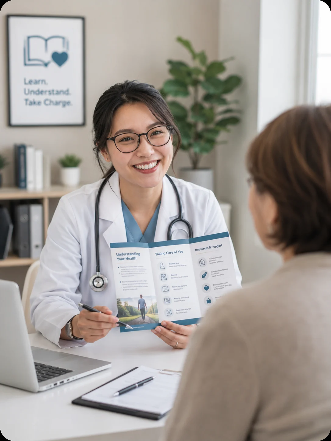 Clinician in a bright office preparing educational guidance for a patient