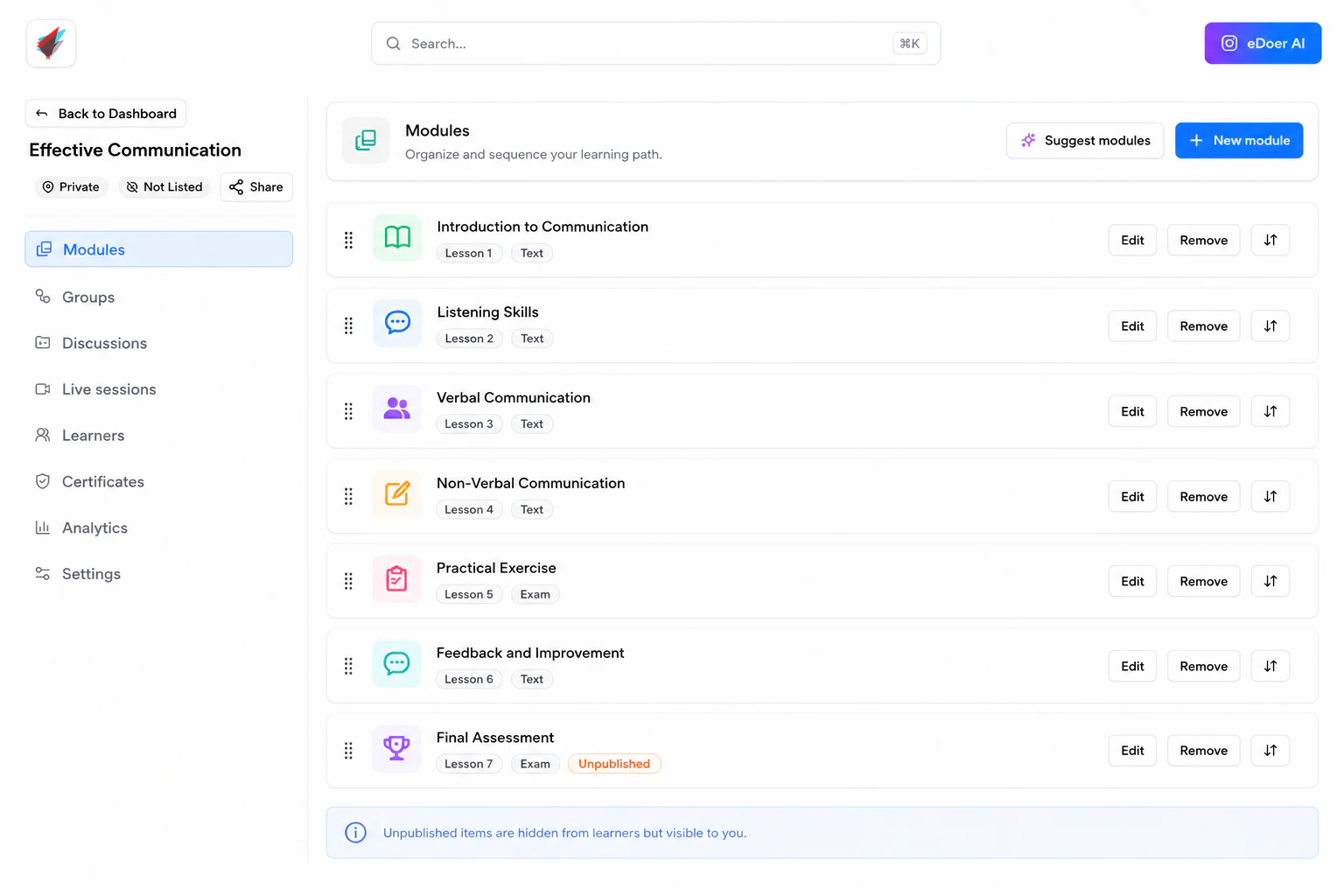Module sequencing screenshot