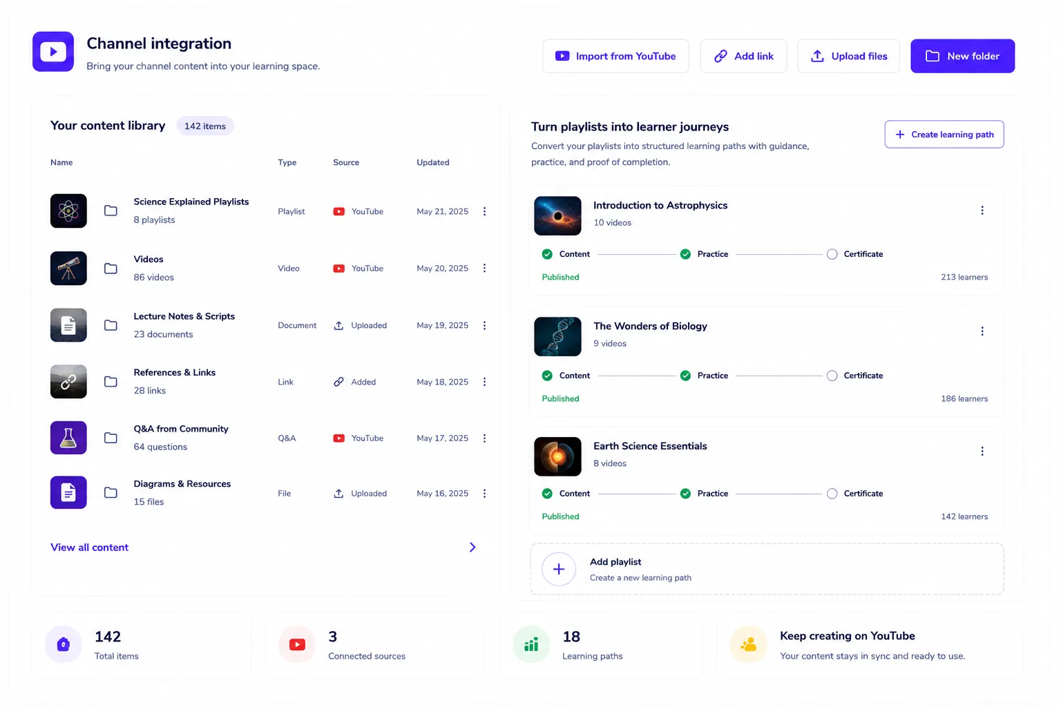 Creator-Bibliothek mit YouTube-Playlists, Videos, Dateien und Links