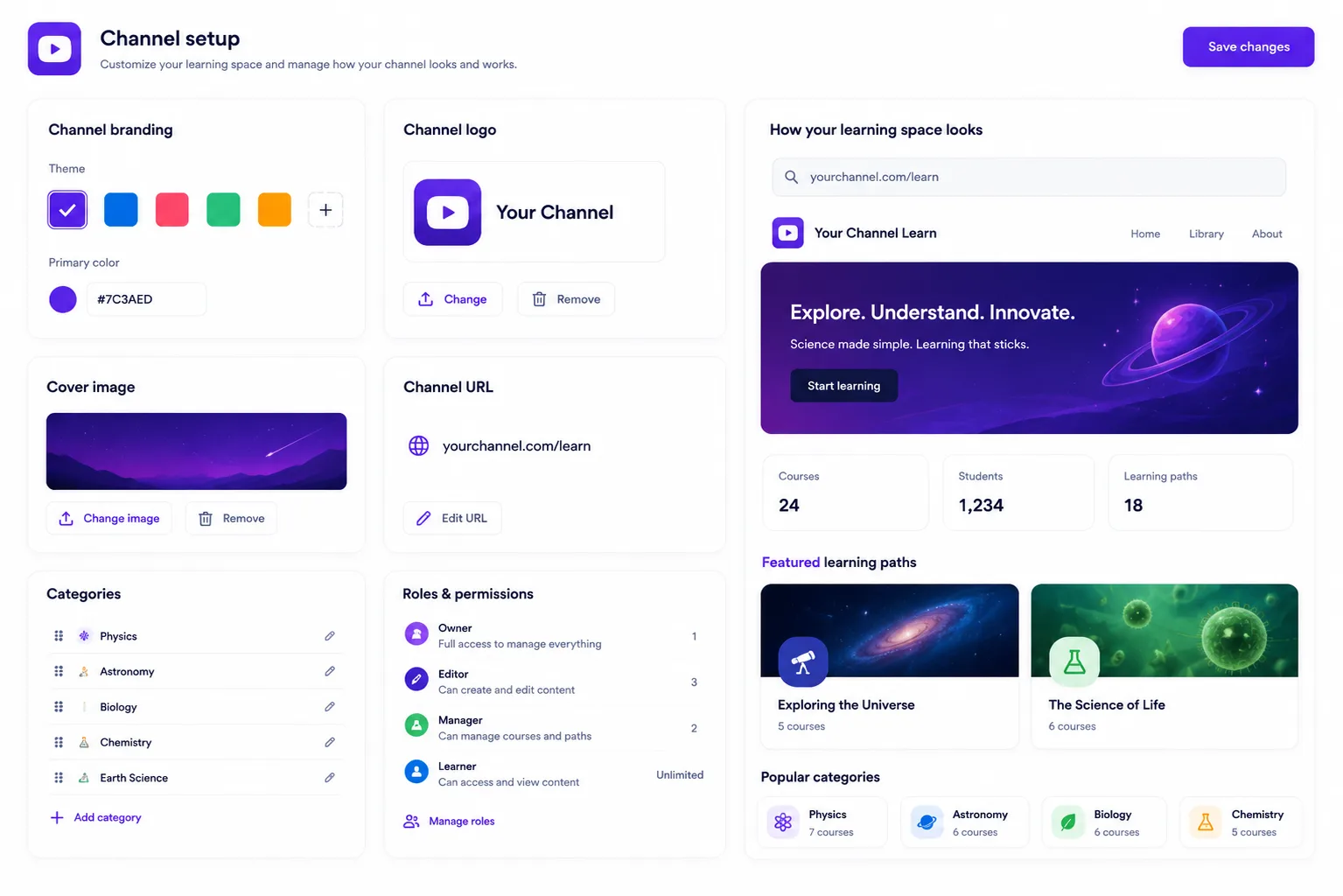 Creator-Lernplattform mit Branding, Rollen, Zugriff und Begriffen