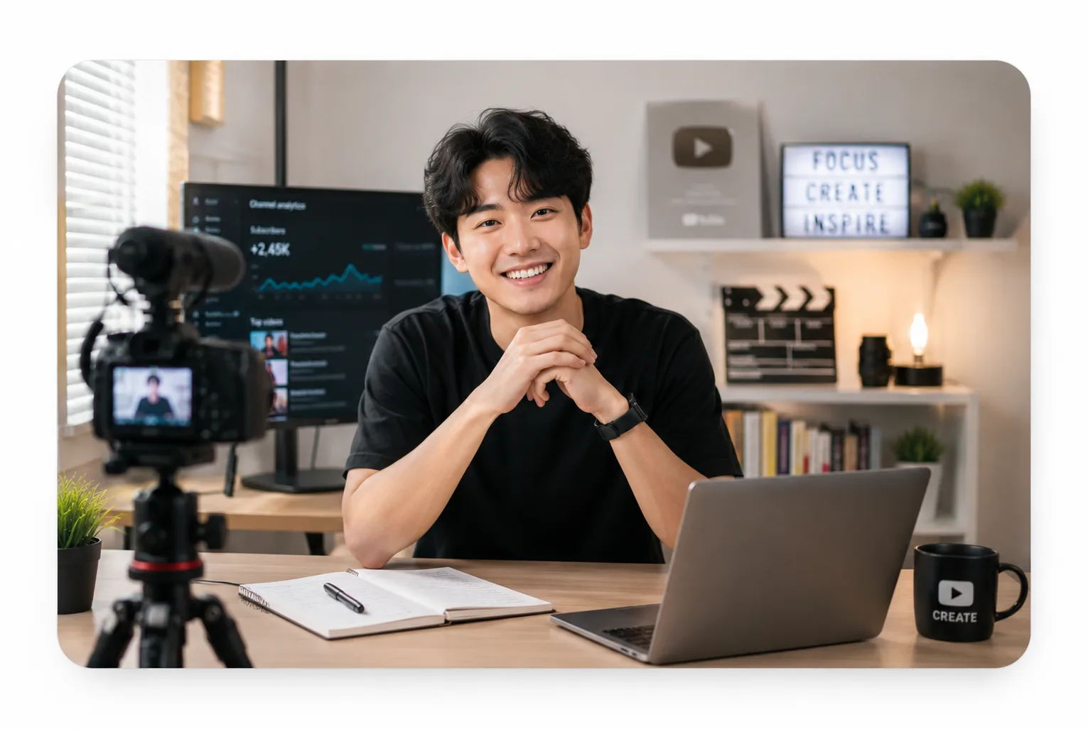YouTuber nimmt Bildungsinhalte in einem Creator-Studio auf